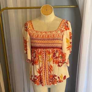 Angie Floral Peasant Blouse - Orange and Yellow